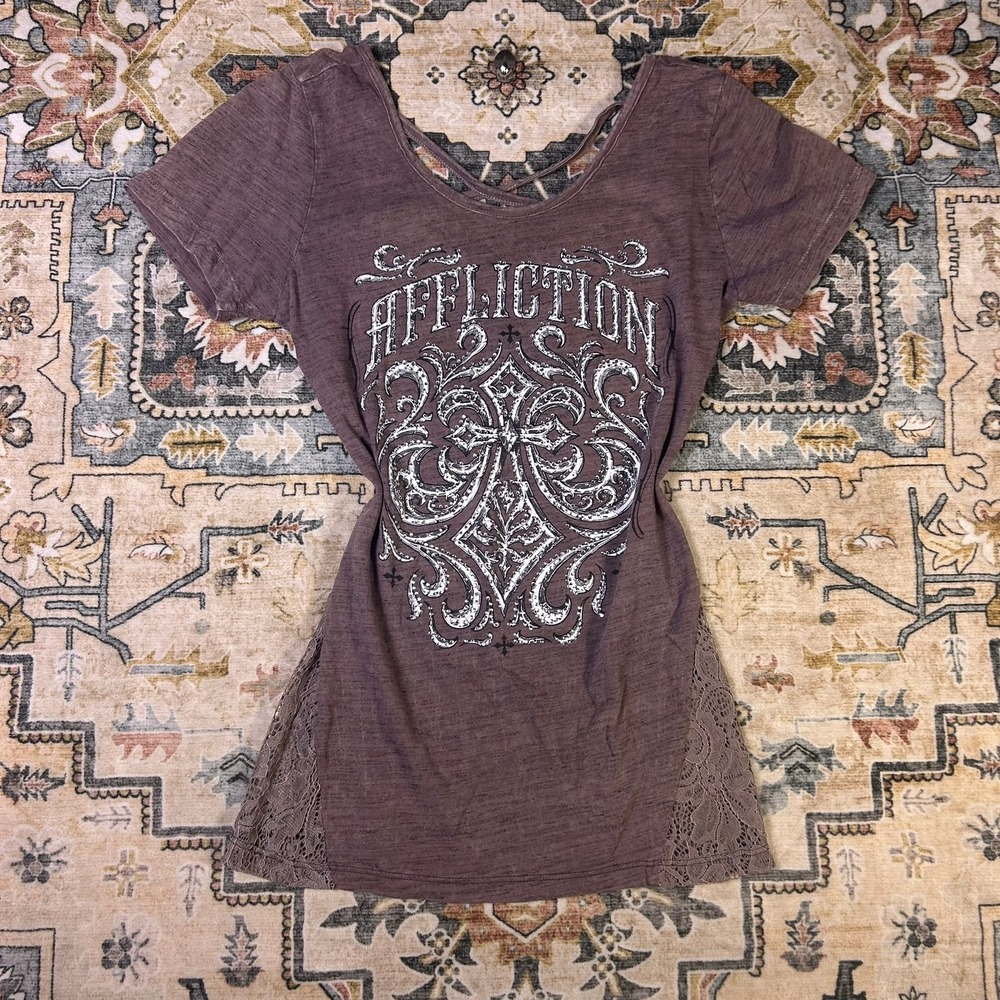 Affliction Live Fast Top Brown Lace Rhinestone Graphic Shirt Grunge Small Y2K
